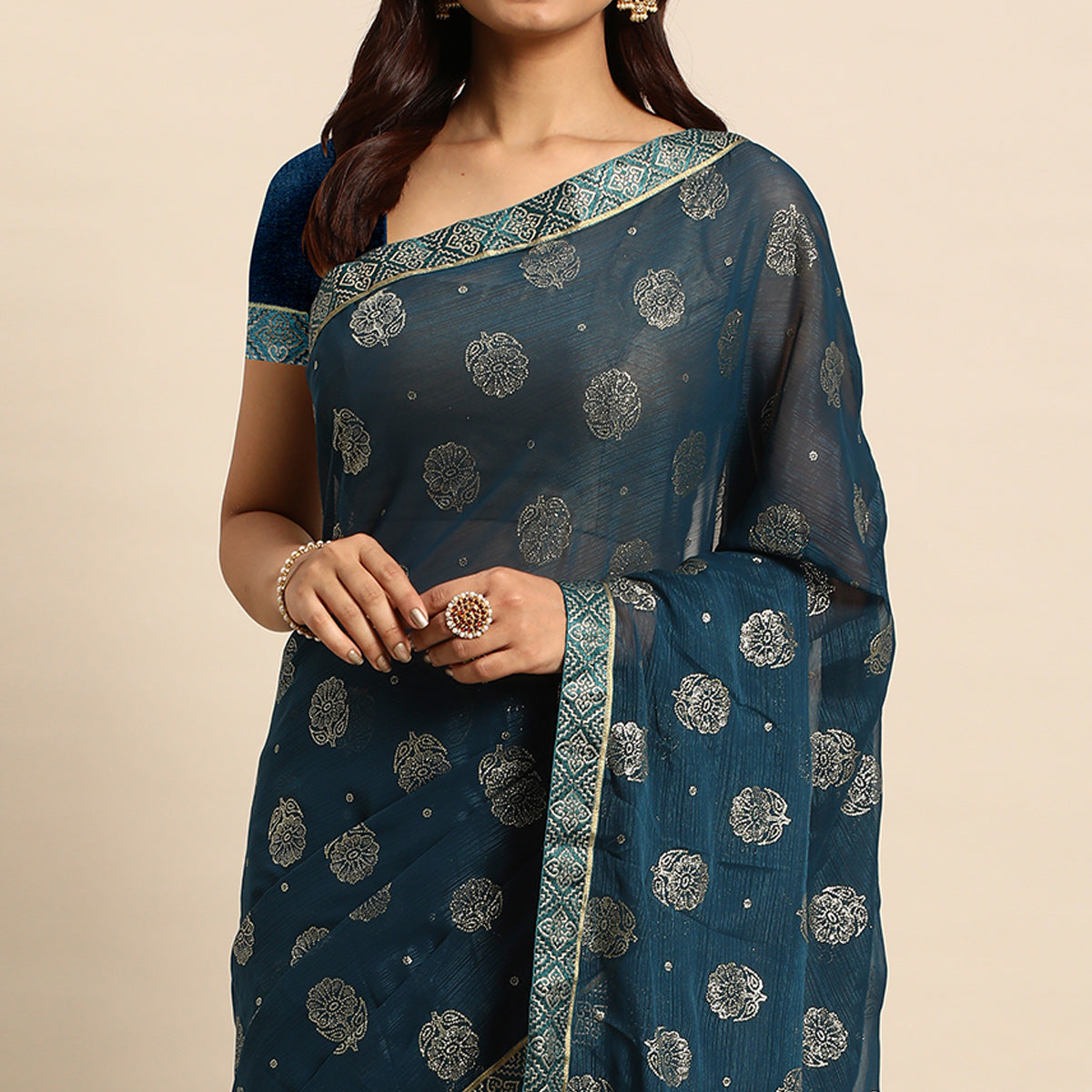 Teal Blue Foil Printed With Embellished Chiffon Saree