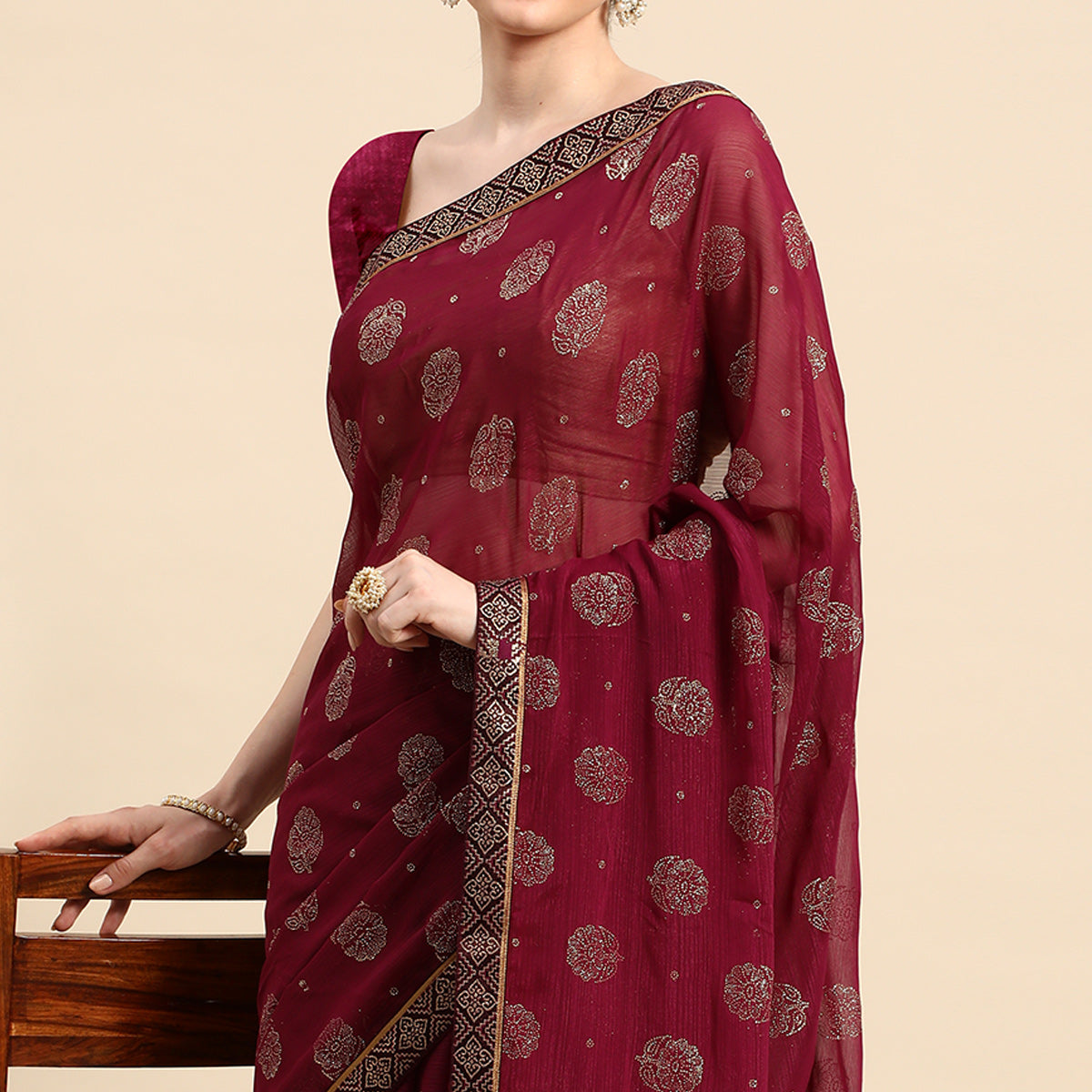 Purple Foil Printed With Embellished Chiffon Saree