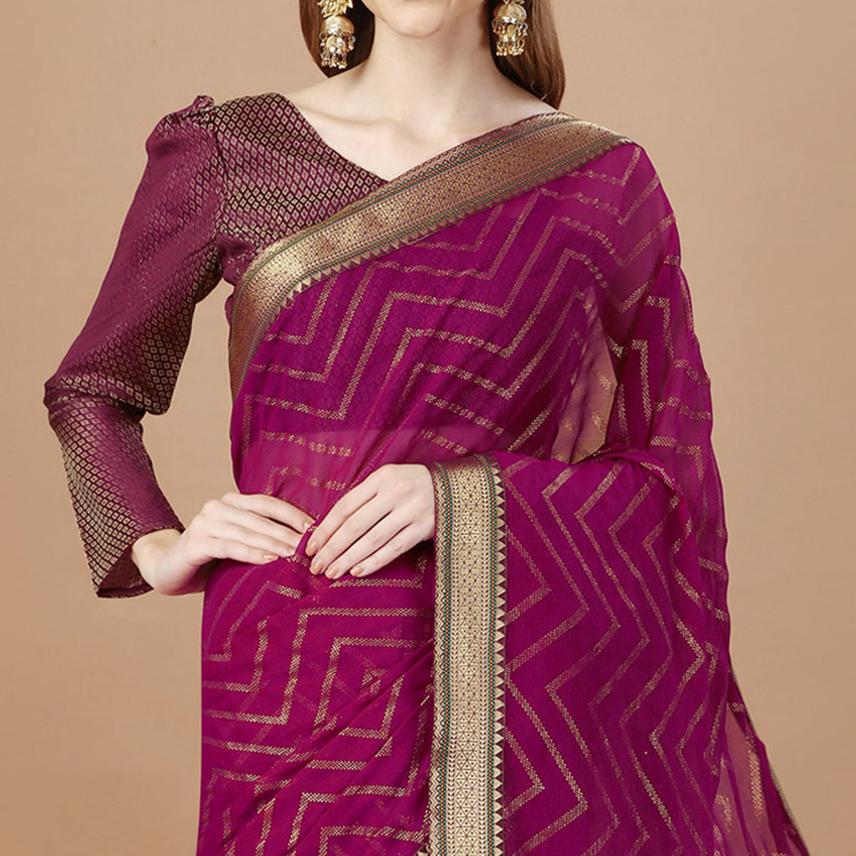 Wine Foil Printed Chiffon Saree With Lace Border