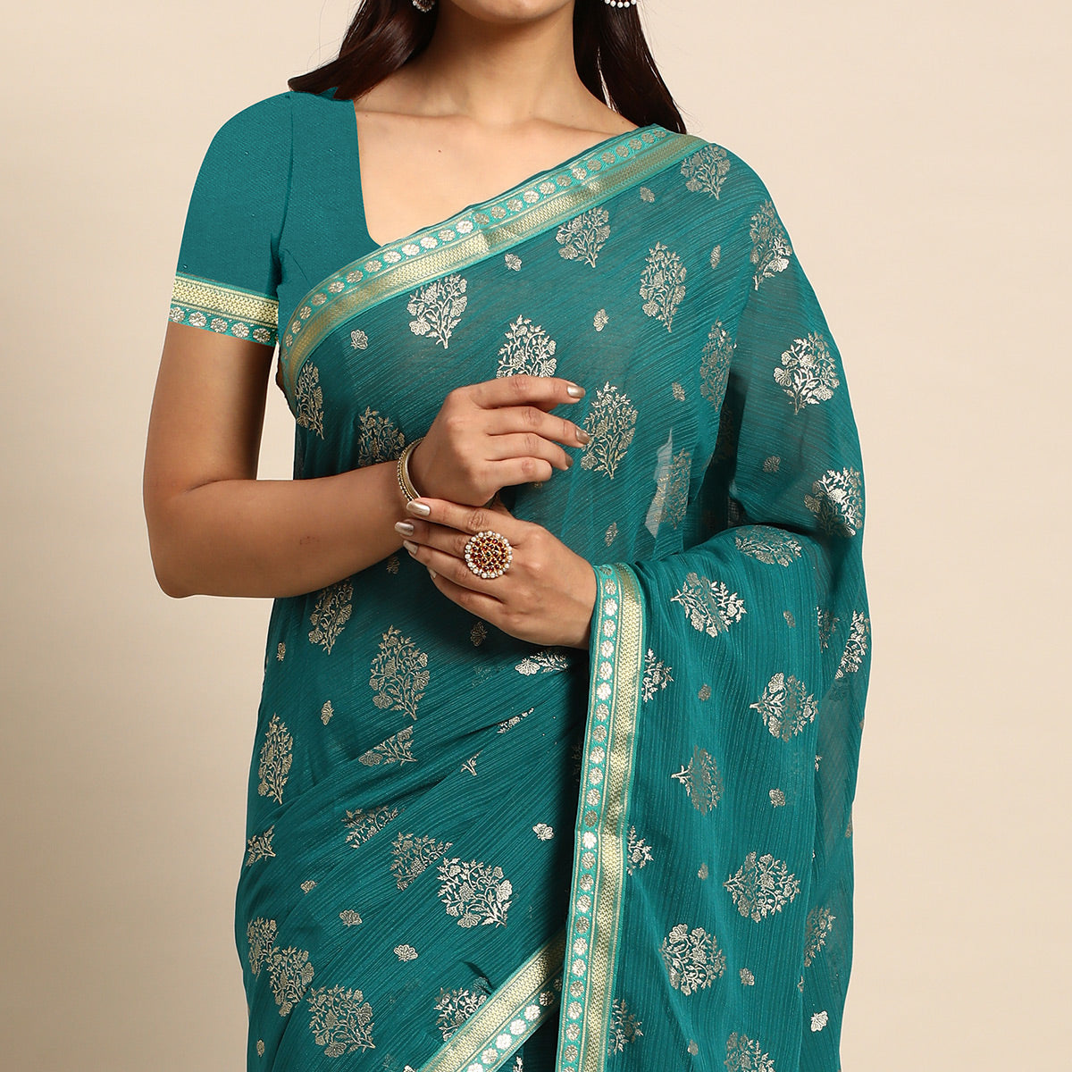 Turquoise  Floral Foil Printed Chiffon Saree With Tassels