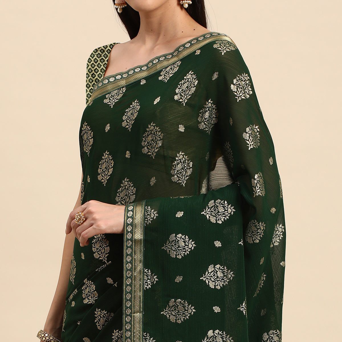 Green Floral Foil Printed Chiffon Saree With Tassels