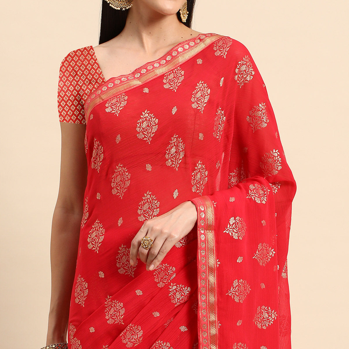 Red Floral Foil Printed Chiffon Saree With Tassels