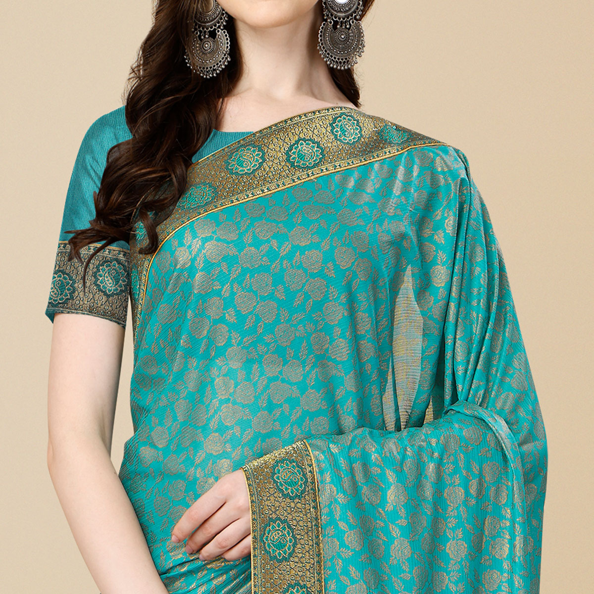 Teal Blue Floral Handloom Woven Rayon Saree