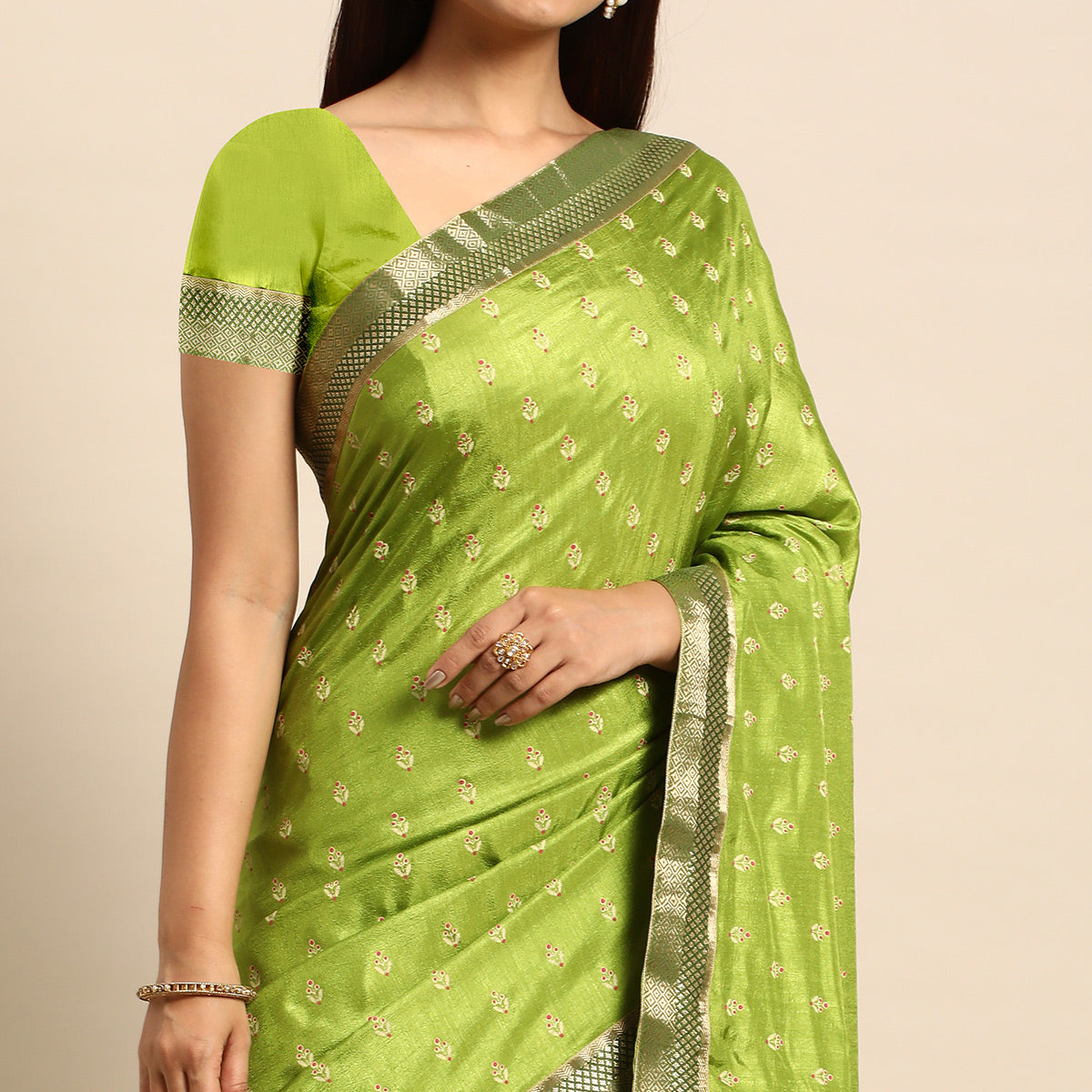 Green Floral Printed Vichitra Silk Saree With Tassels