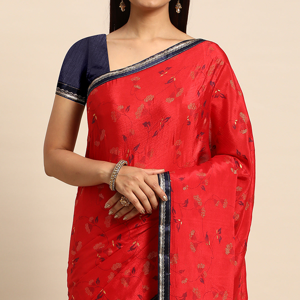 Red Foil Printed Chiffon Saree