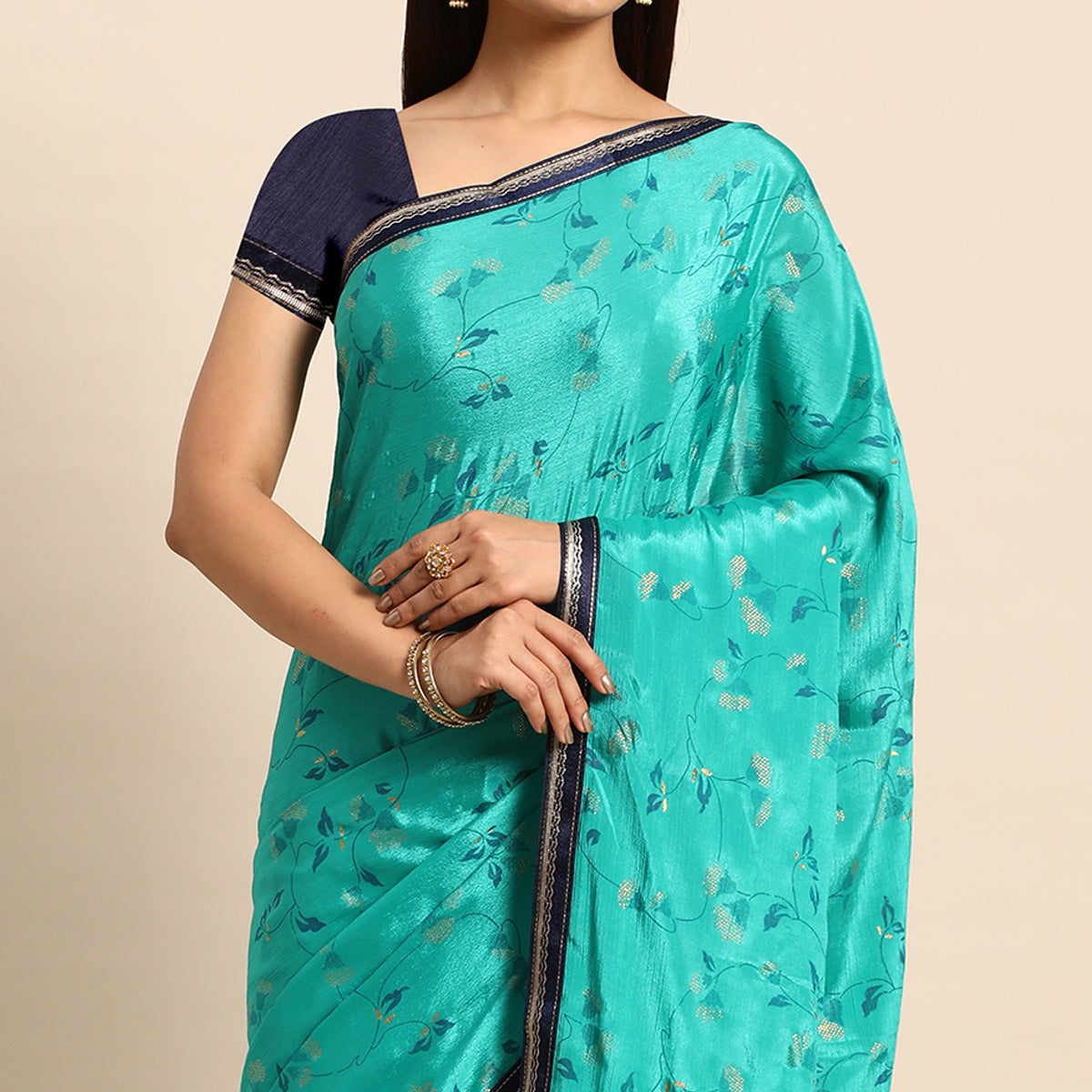 Rama Blue Foil Printed Chiffon Saree