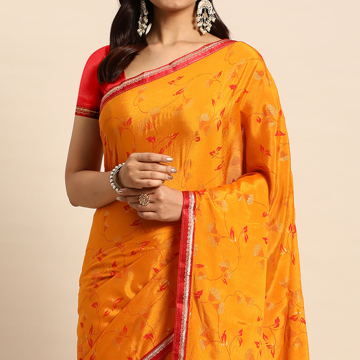 Orange Foil Printed Chiffon Saree