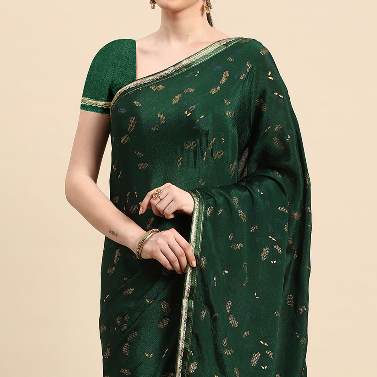 Green Foil Printed Chiffon Saree