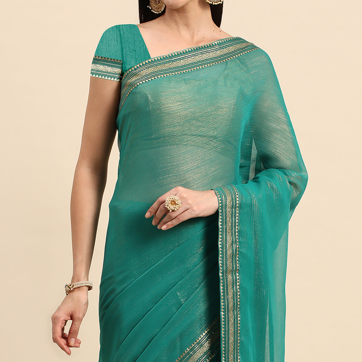 Turquoise  Solid With Woven Border Chiffon Saree With Tassels