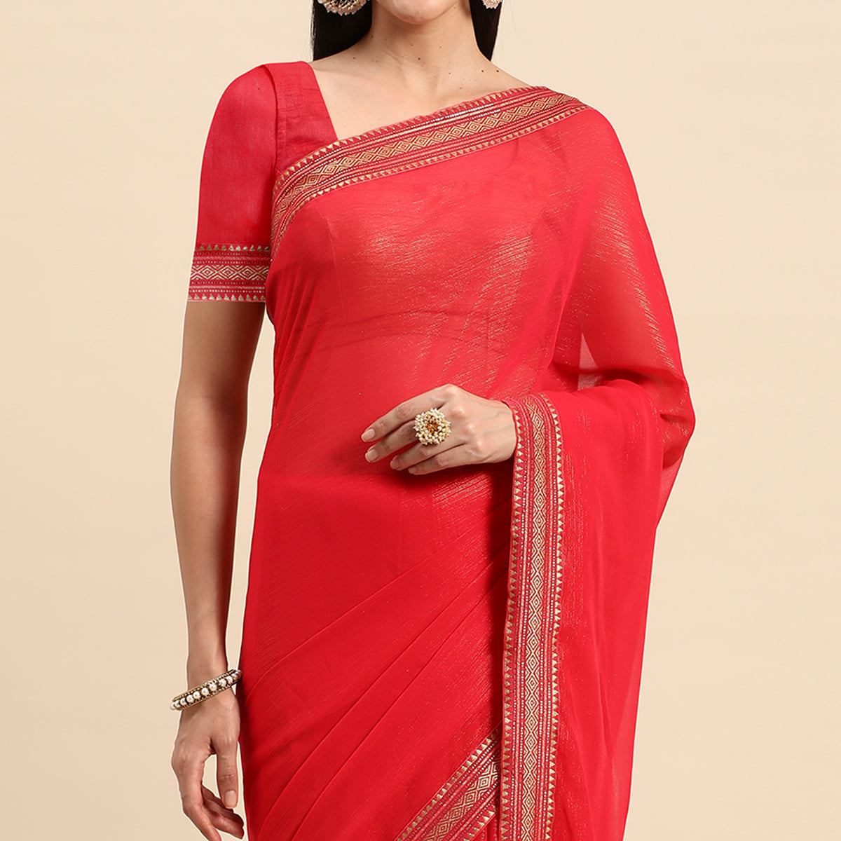 Pink Solid With Woven Border Chiffon Saree With Tassels