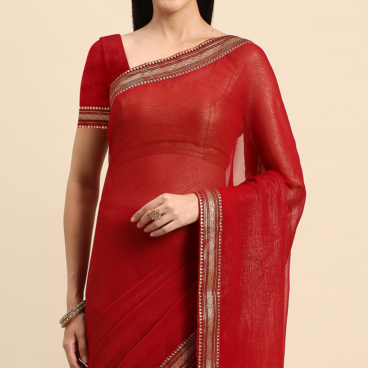 Maroon Solid With Woven Border Chiffon Saree With Tassels