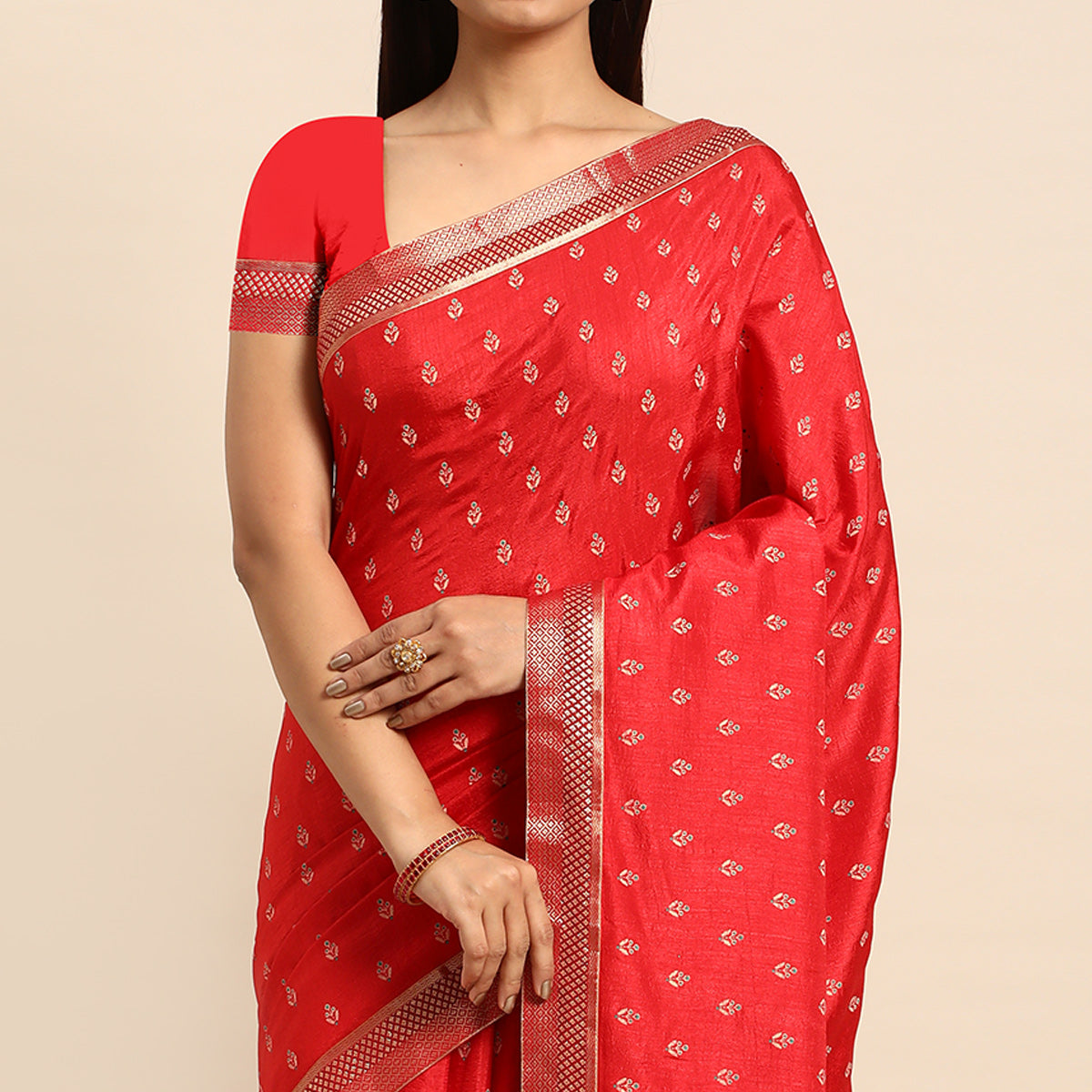 Red Floral Printed Vichitra Silk Saree With Tassels