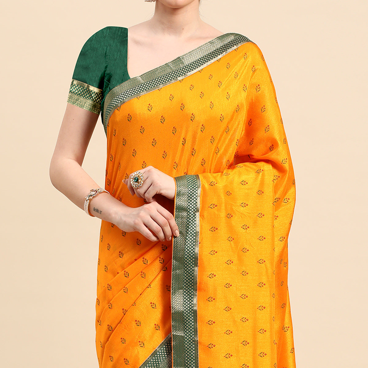 Yellow Floral Printed Vichitra Silk Saree With Tassels