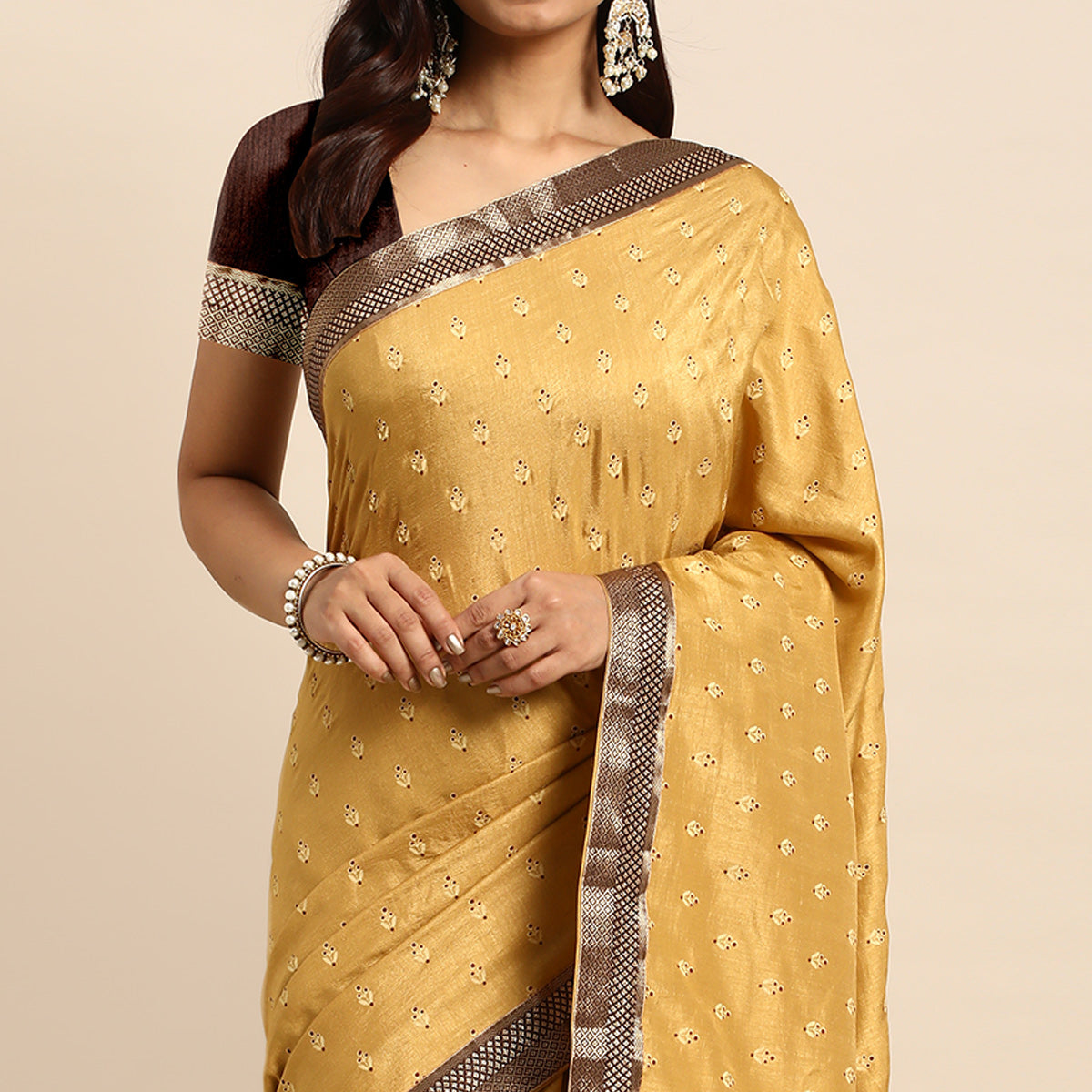 Beige Floral Printed Vichitra Silk Saree With Tassels