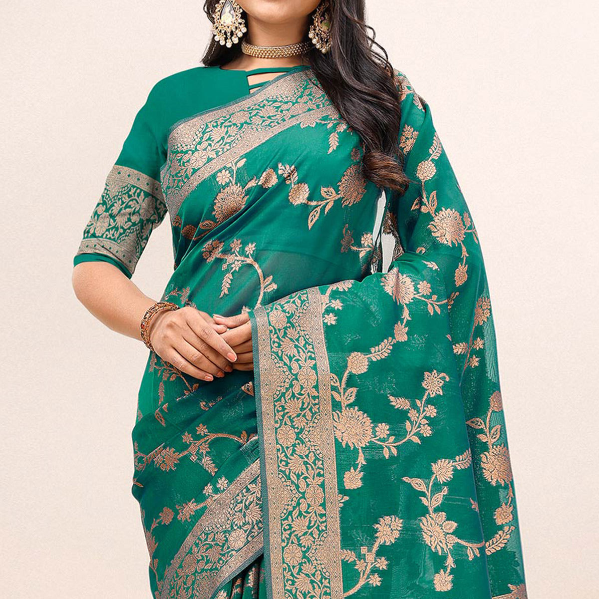 Green Woven Organza Saree With Tassels