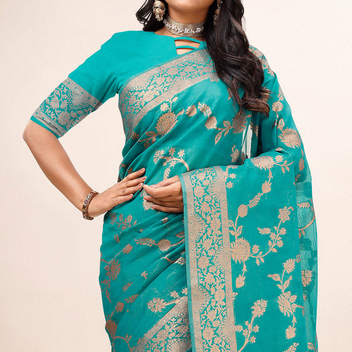 Rama Green Woven Organza Saree With Tassels