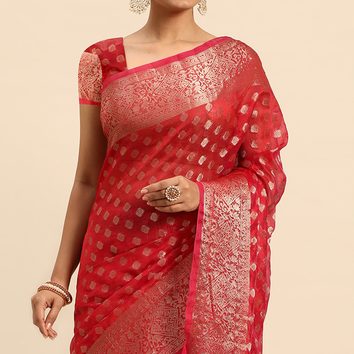 Red Woven Organza Silk Saree With Tassels