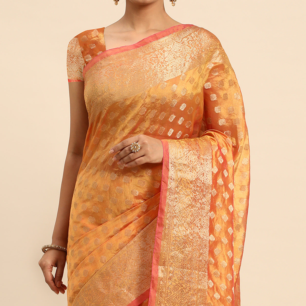 Mustard Woven Organza Silk Saree With Tassels