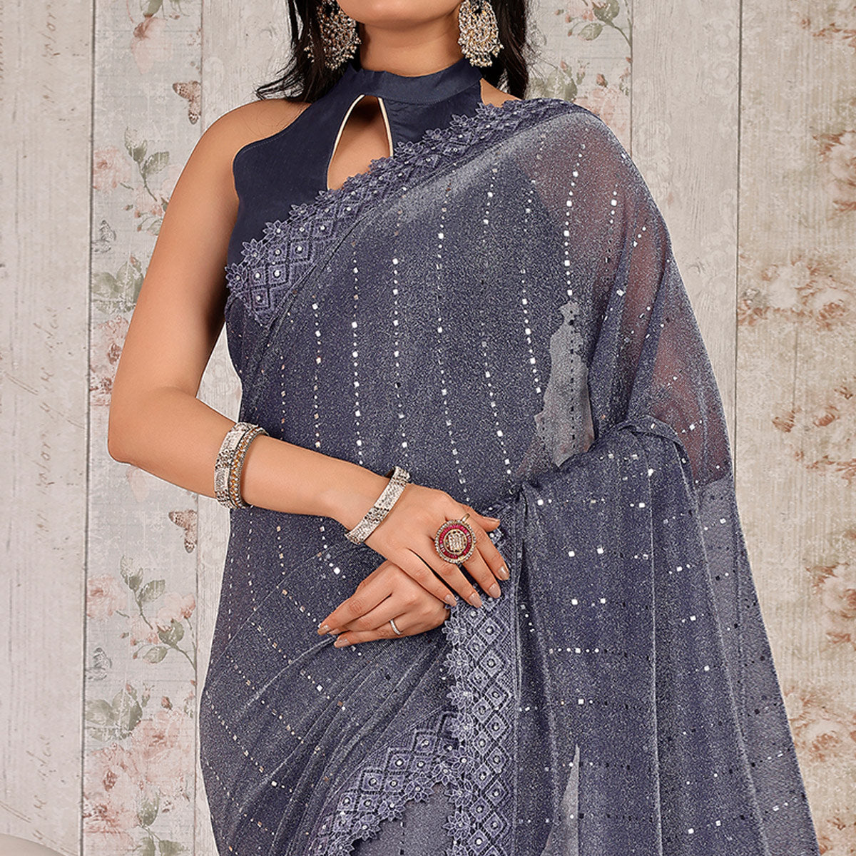 Blue Tikali With Floral Embroidered Lycra Saree