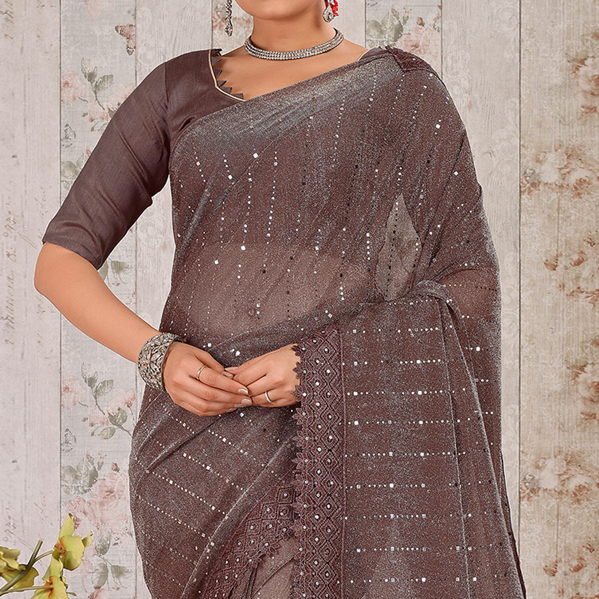 Brown Tikali With Floral Embroidered Lycra Saree
