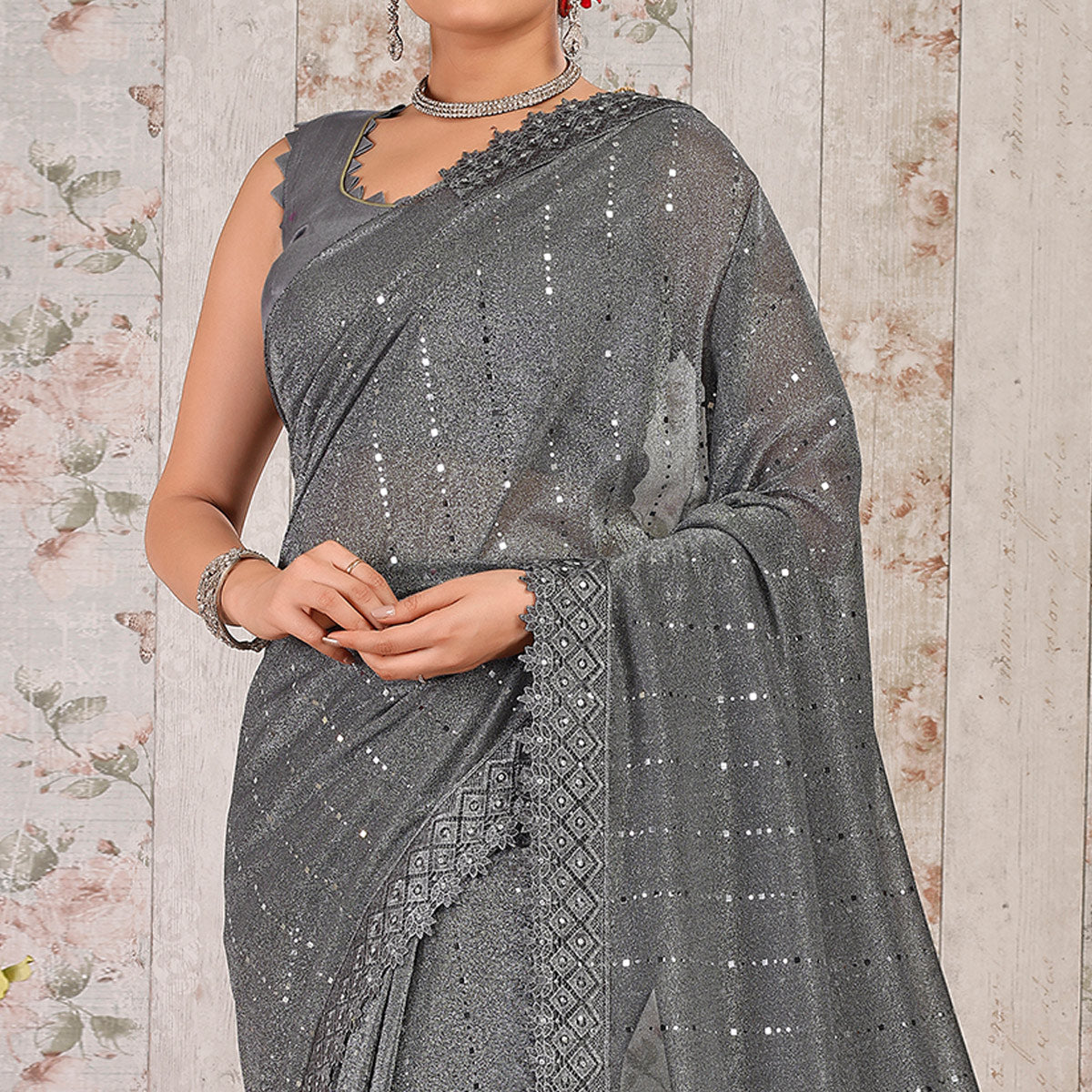 Grey Tikali With Floral Embroidered Lycra Saree