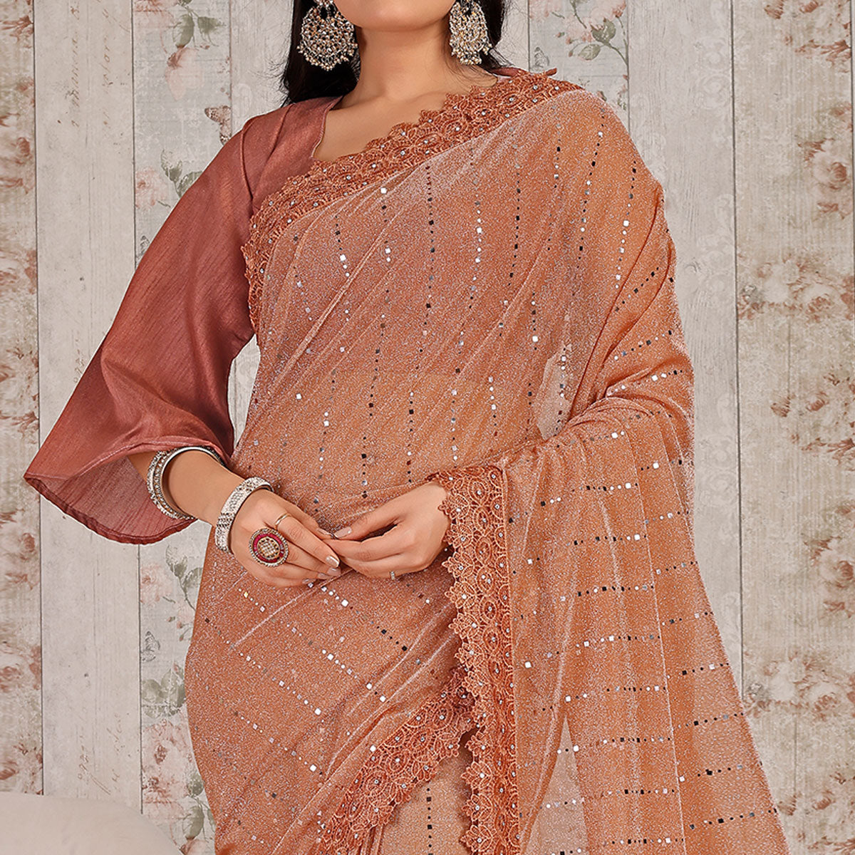 Dusty Peach Tikali With Floral Embroidered Lycra Saree