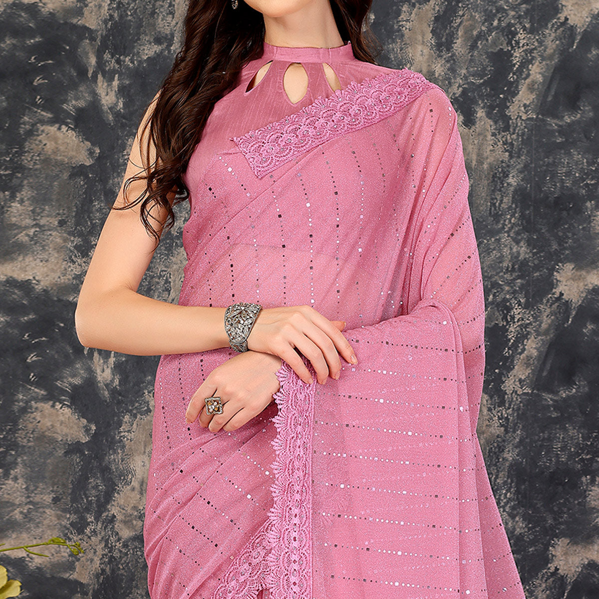 Pink Tikali With Floral Embroidered Lycra Saree