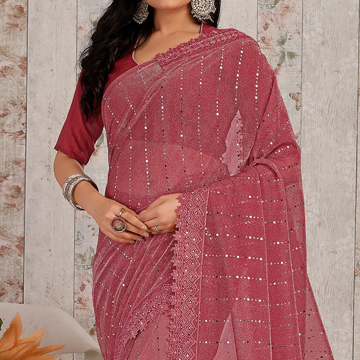 Gajari Pink Tikali With Floral Embroidered Lycra Saree