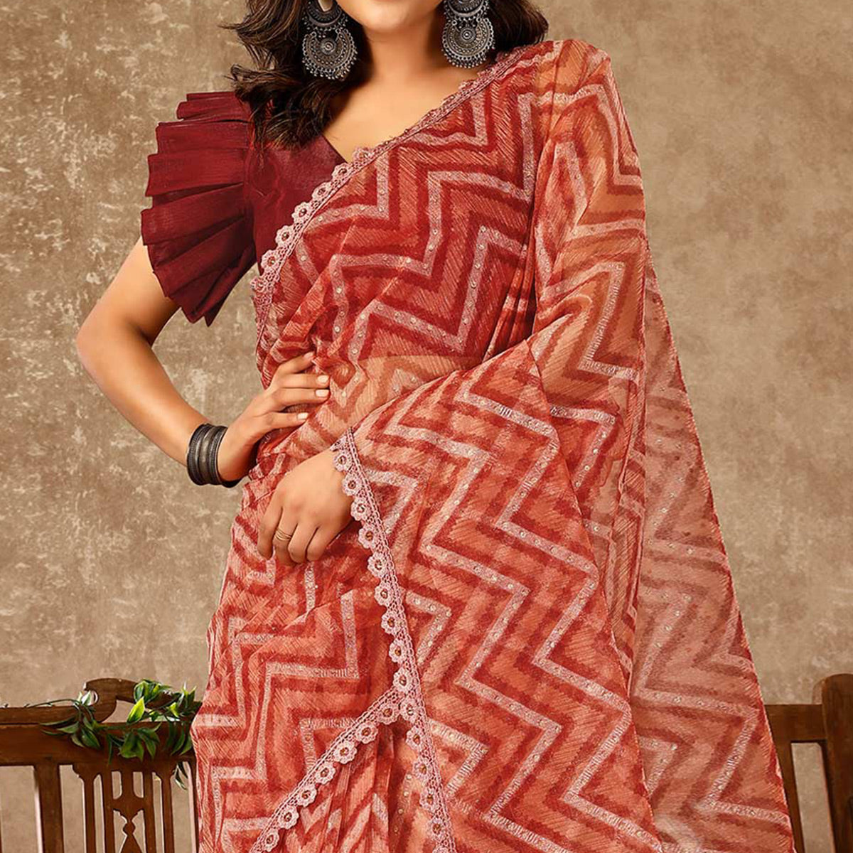 Peach Zig Zag Printed With Stone Work Organza Ready To Wear Saree