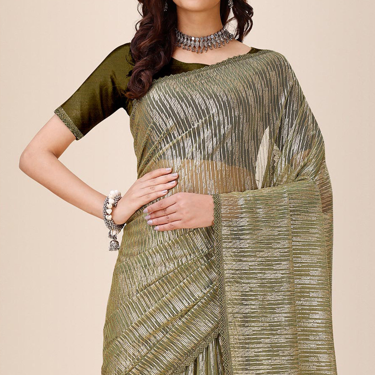 Mehandi Green Foil Printed Lycra Saree