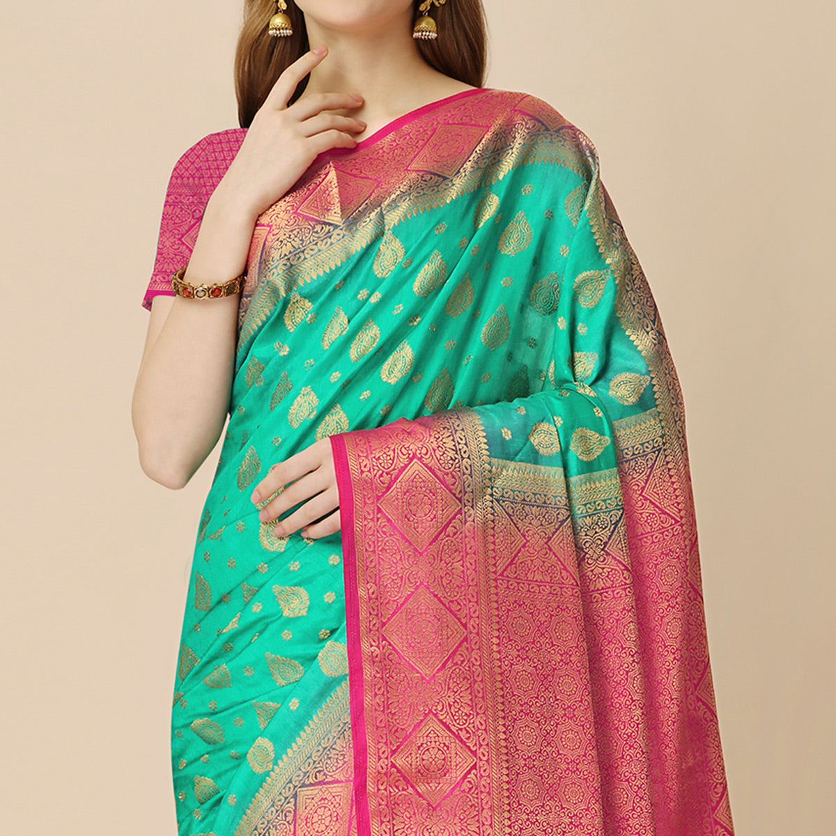 Rama Green Woven Dola Silk Saree