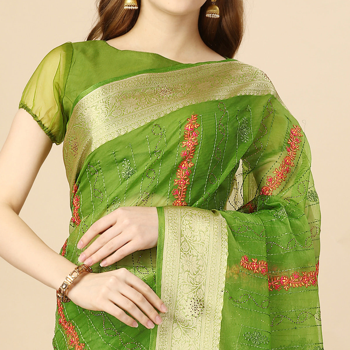 Green Floral Embroidery With Swarovski Work Organza Saree