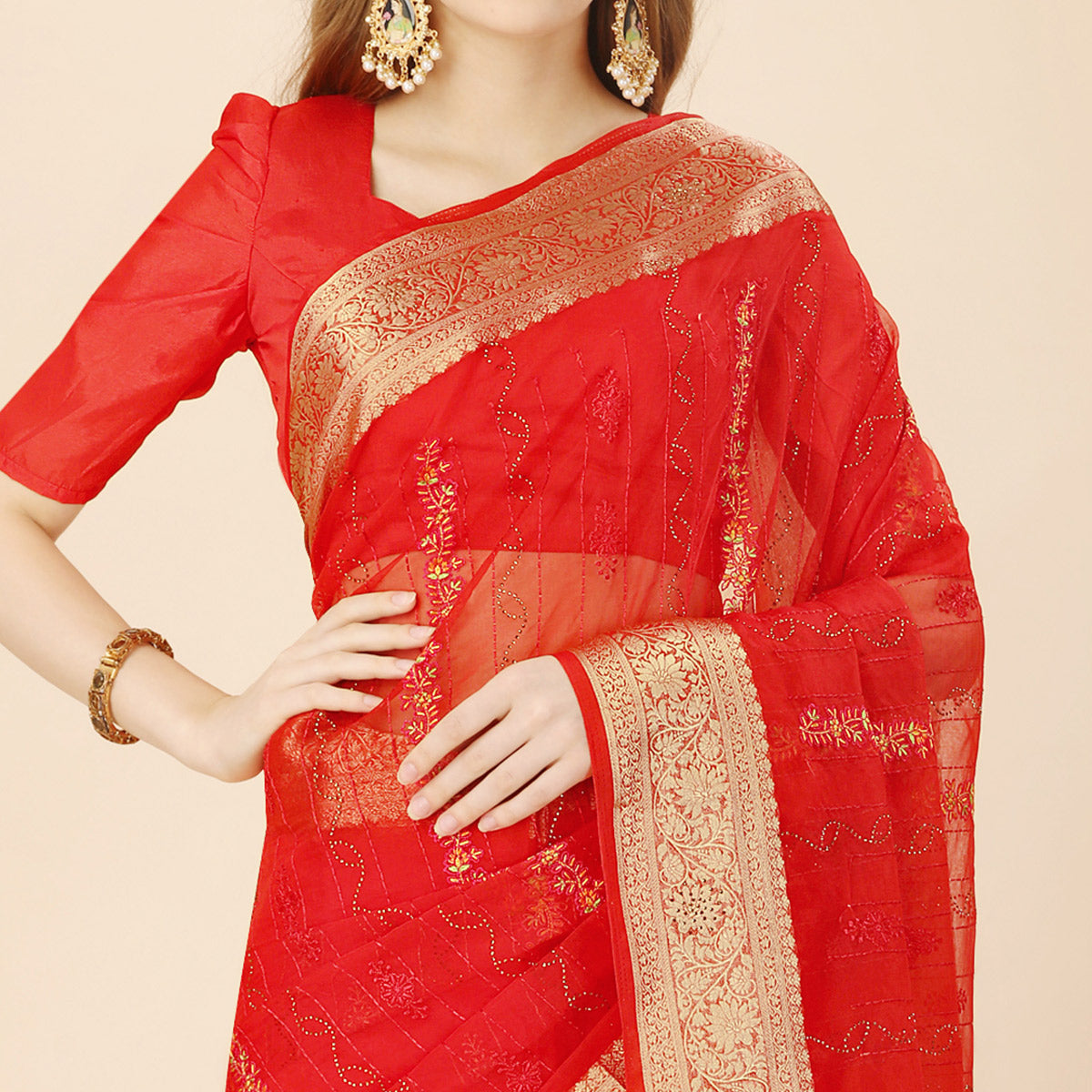 Red Floral Embroidery With Swarovski Work Organza Saree