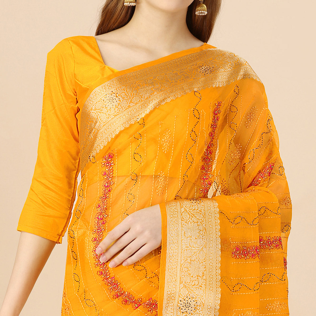 Yellow Floral Embroidery With Swarovski Work Organza Saree