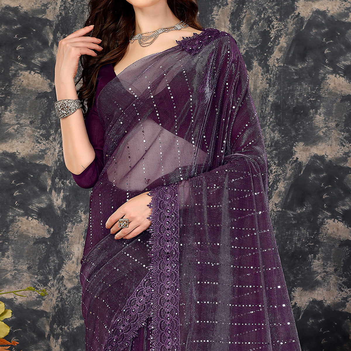 Purple Tikali Work Lycra Saree With Embroidered Lace Border