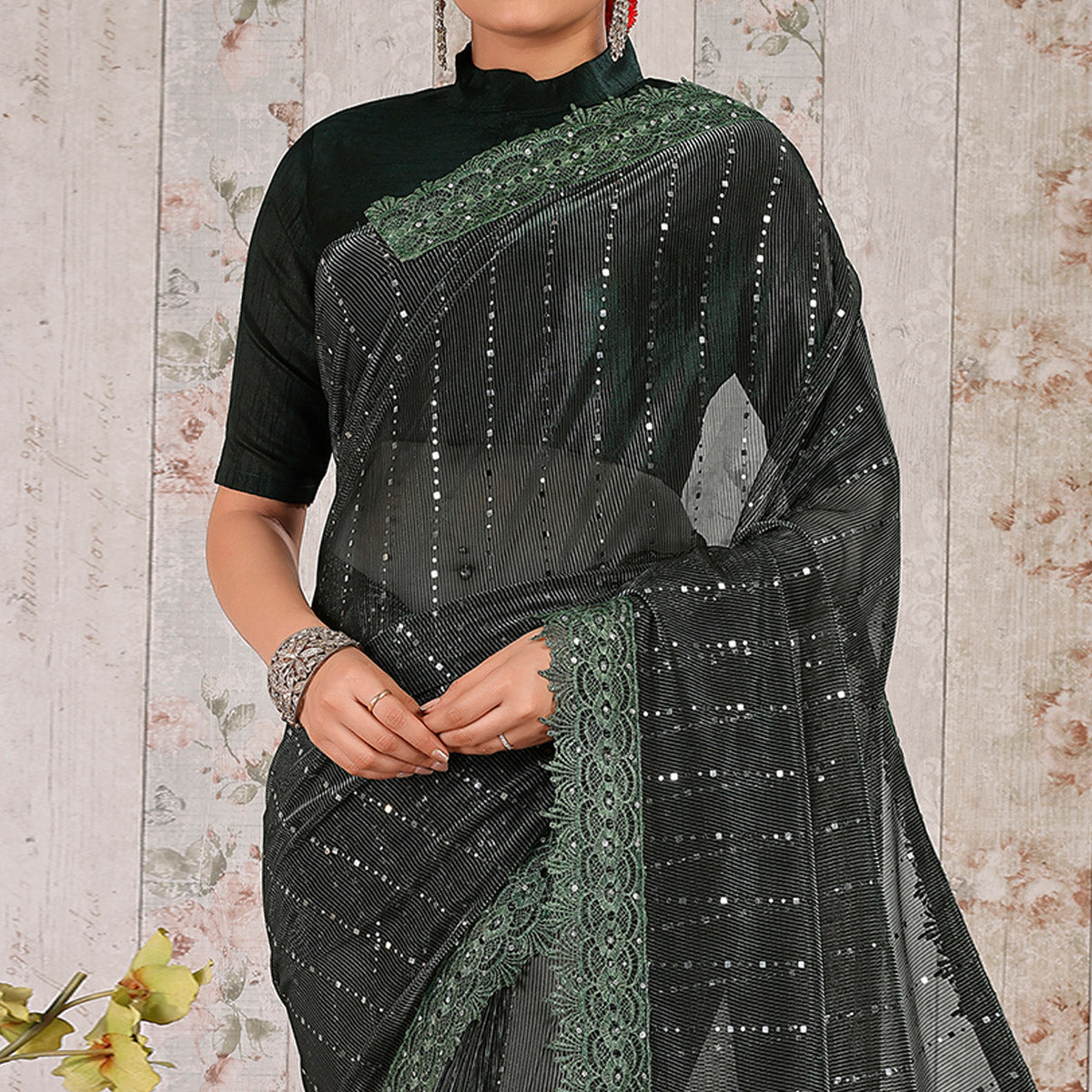 Green Tikali Work Lycra Saree With Embroidered Lace Border