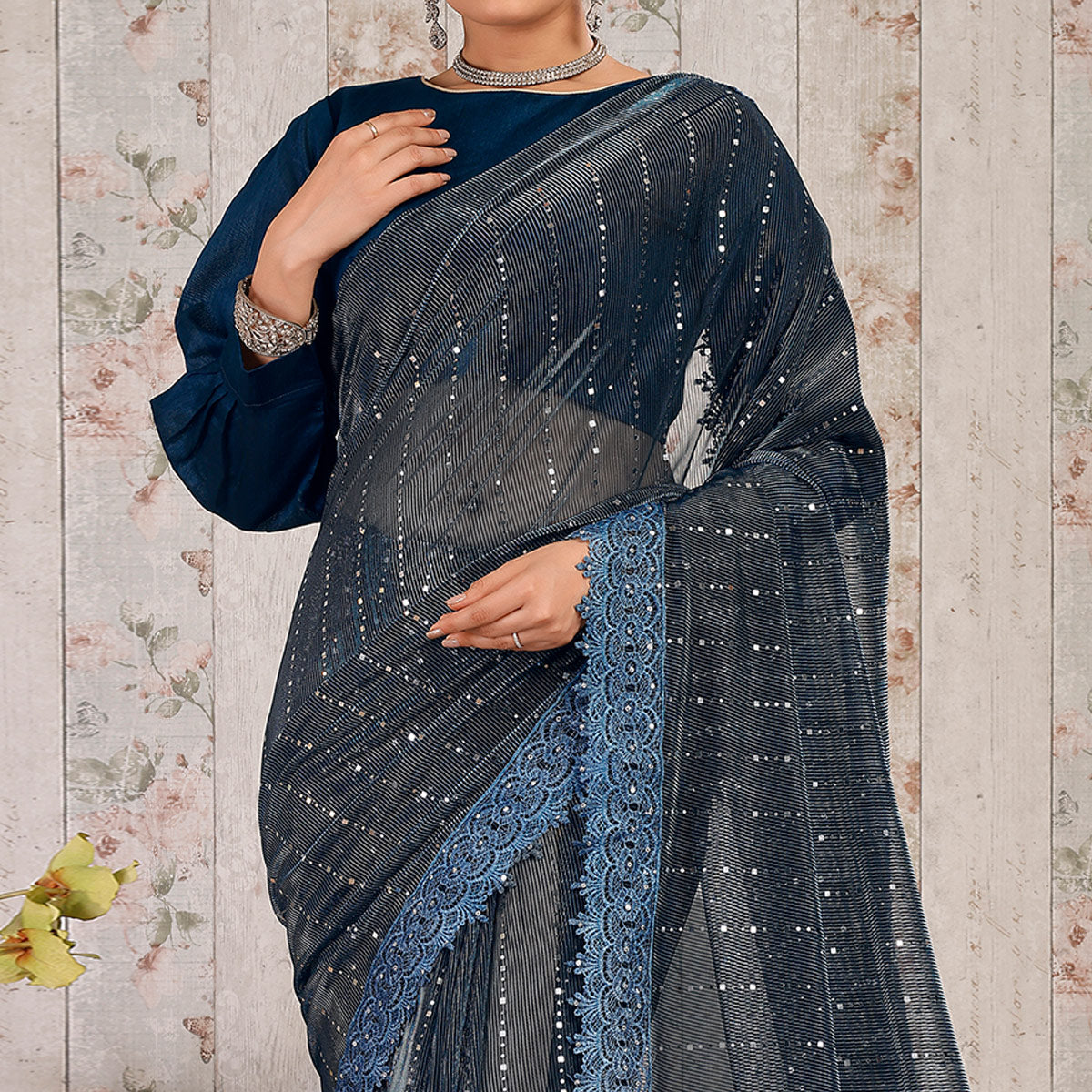 Blue Tikali Work Lycra Saree With Embroidered Lace Border