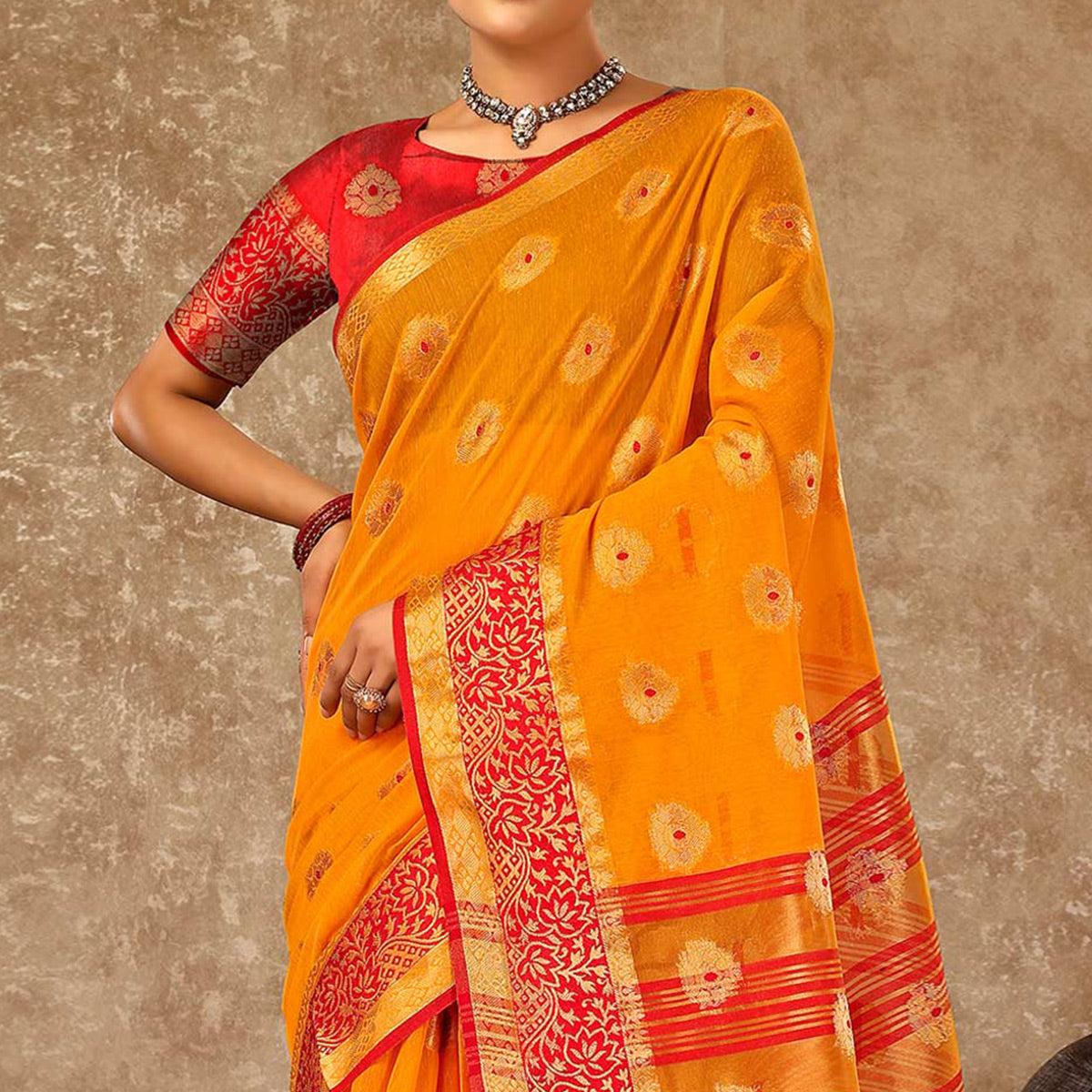 Mustard Floral Zari Woven Cotton Silk Saree