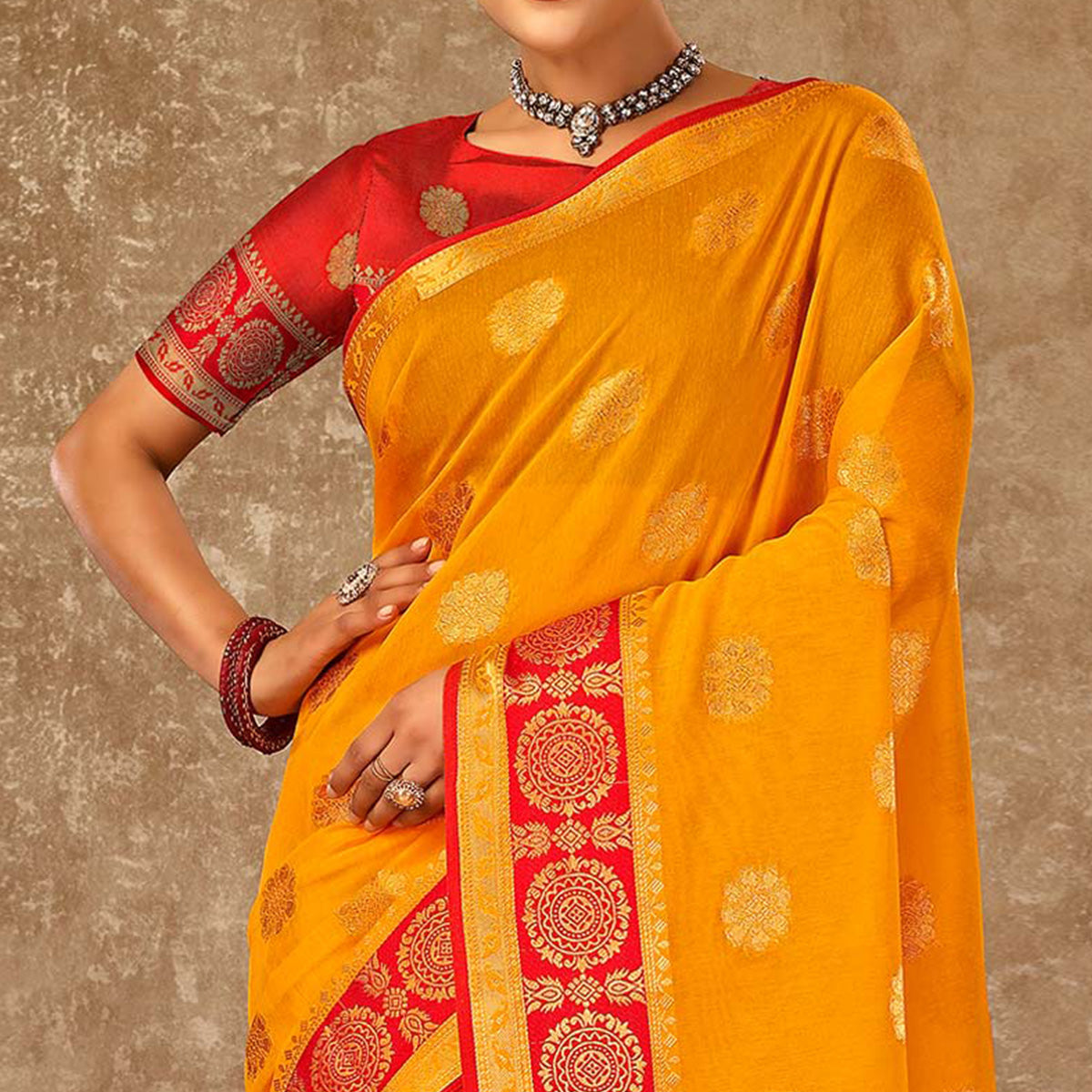 Mustard Floral Zari Woven Cotton Silk Saree
