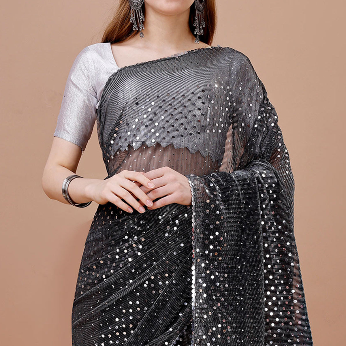 Black Sequins Embroidered Lycra Saree