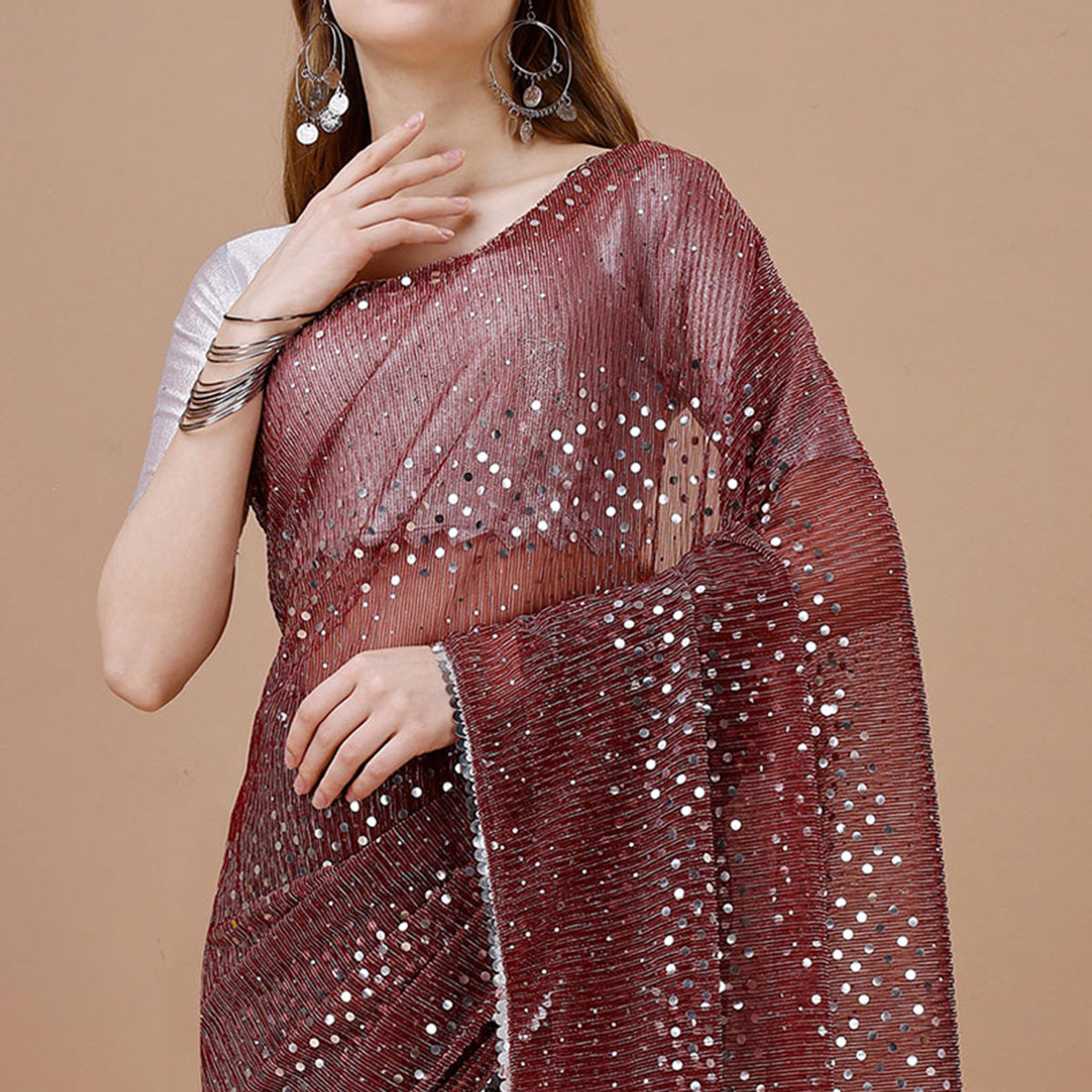 Maroon Sequins Embroidered Lycra Saree