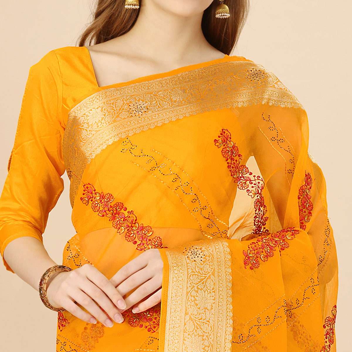 Yellow Floral Embroidery With Swarovski Work Organza Saree