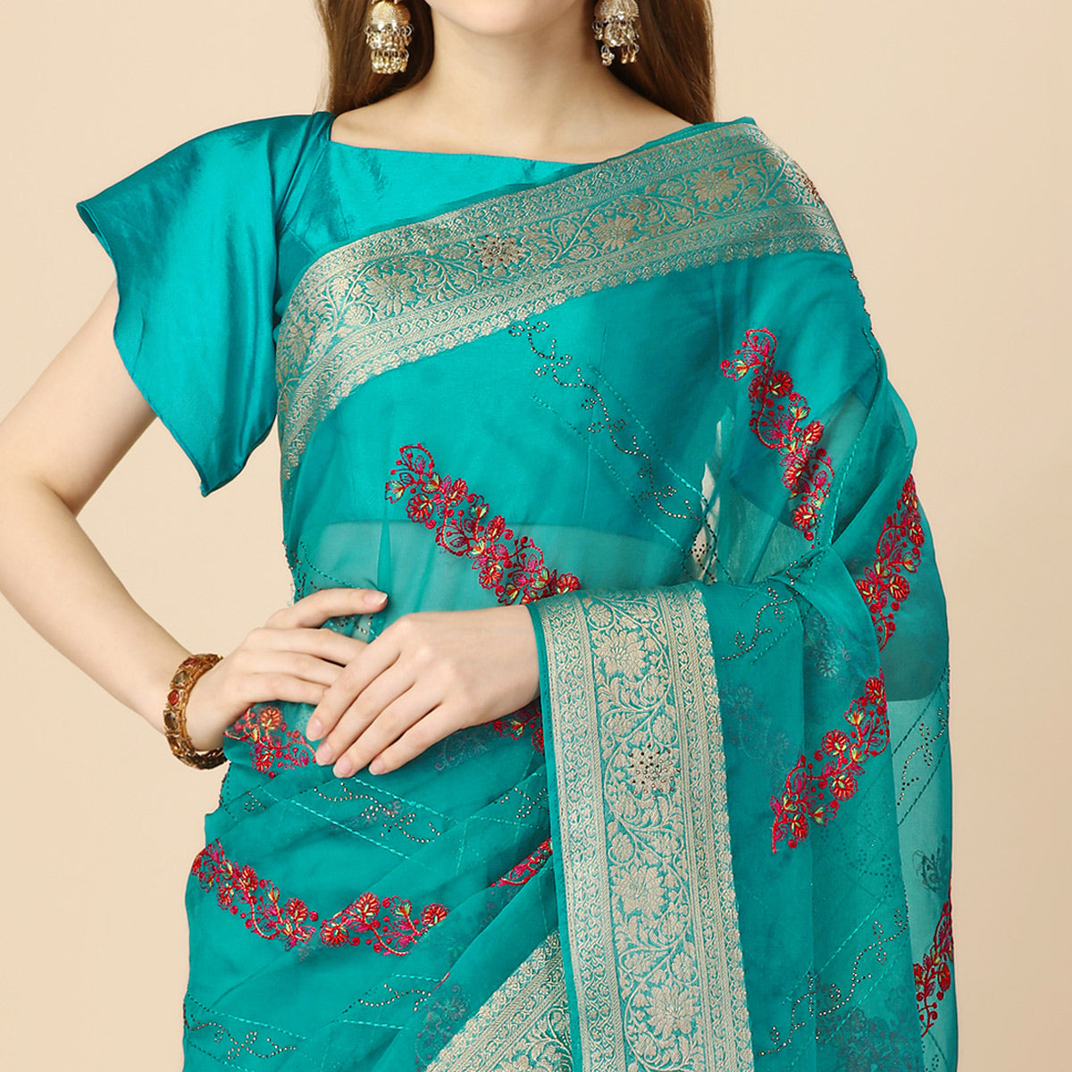 Rama Blue Floral Embroidery With Swarovski Work Organza Saree