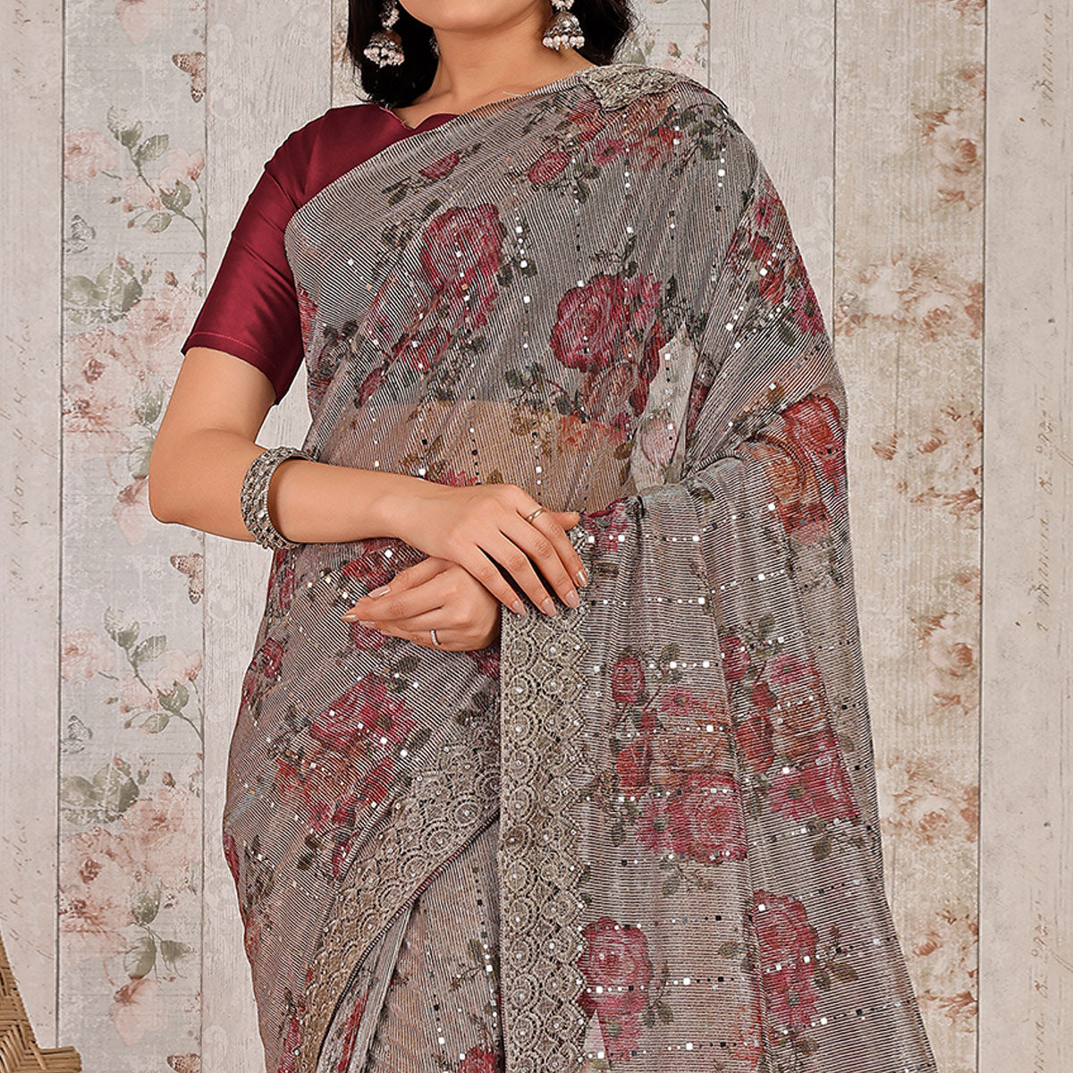 Grey Floral Digital Printed Lycra Saree With Embroidered Border