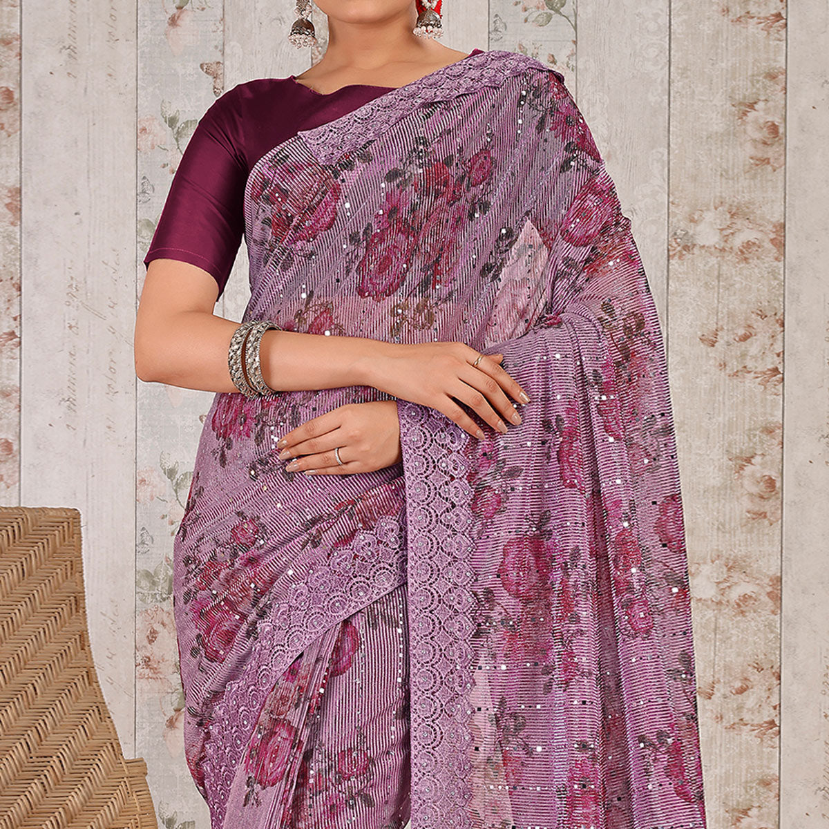 Purple Floral Digital Printed Lycra Saree With Embroidered Border