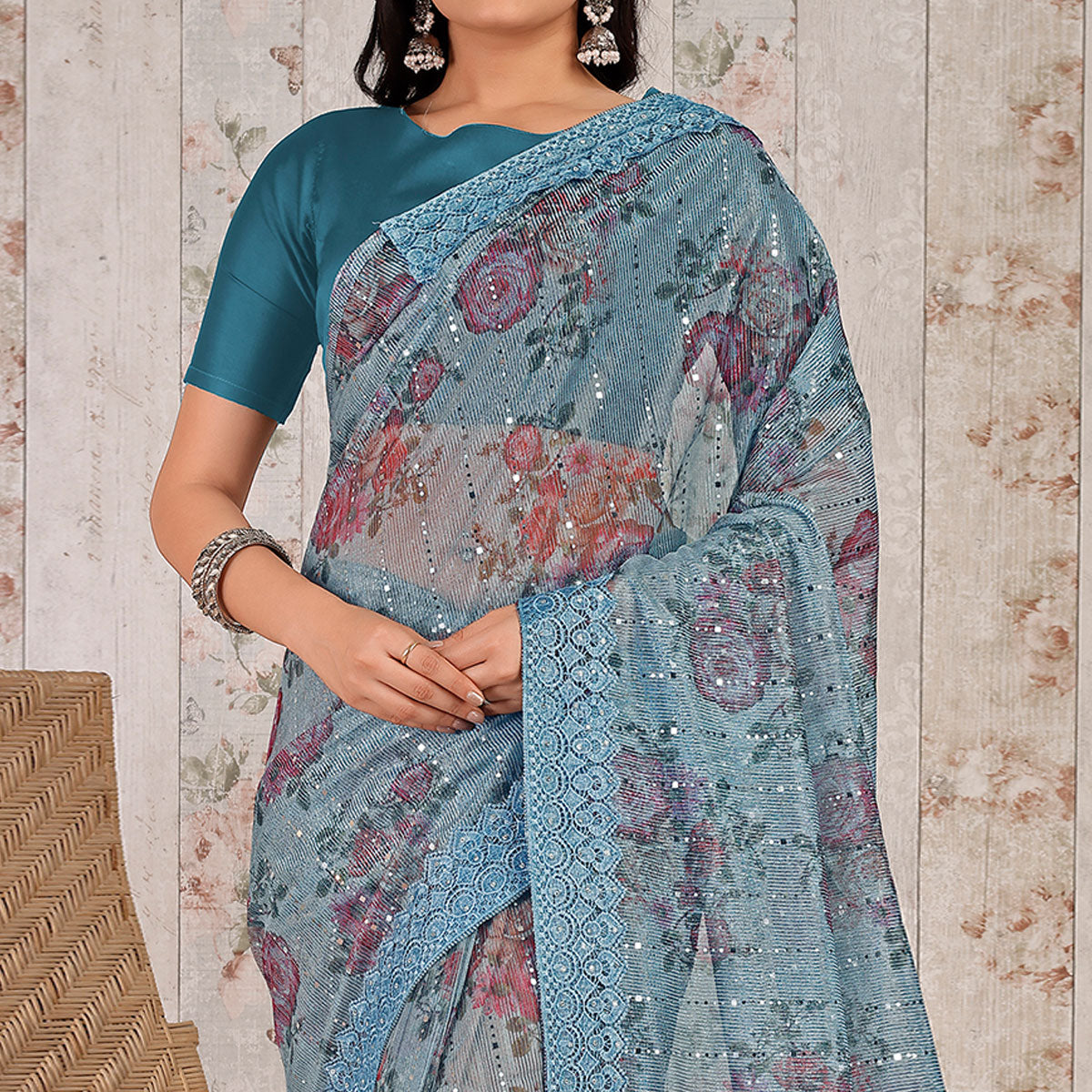 Blue Floral Digital Printed Lycra Saree With Embroidered Border