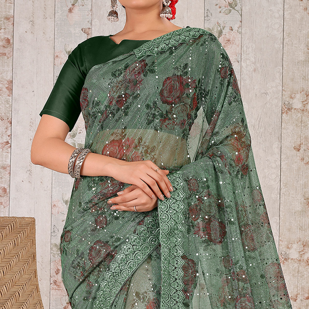 Green Floral Digital Printed Lycra Saree With Embroidered Border