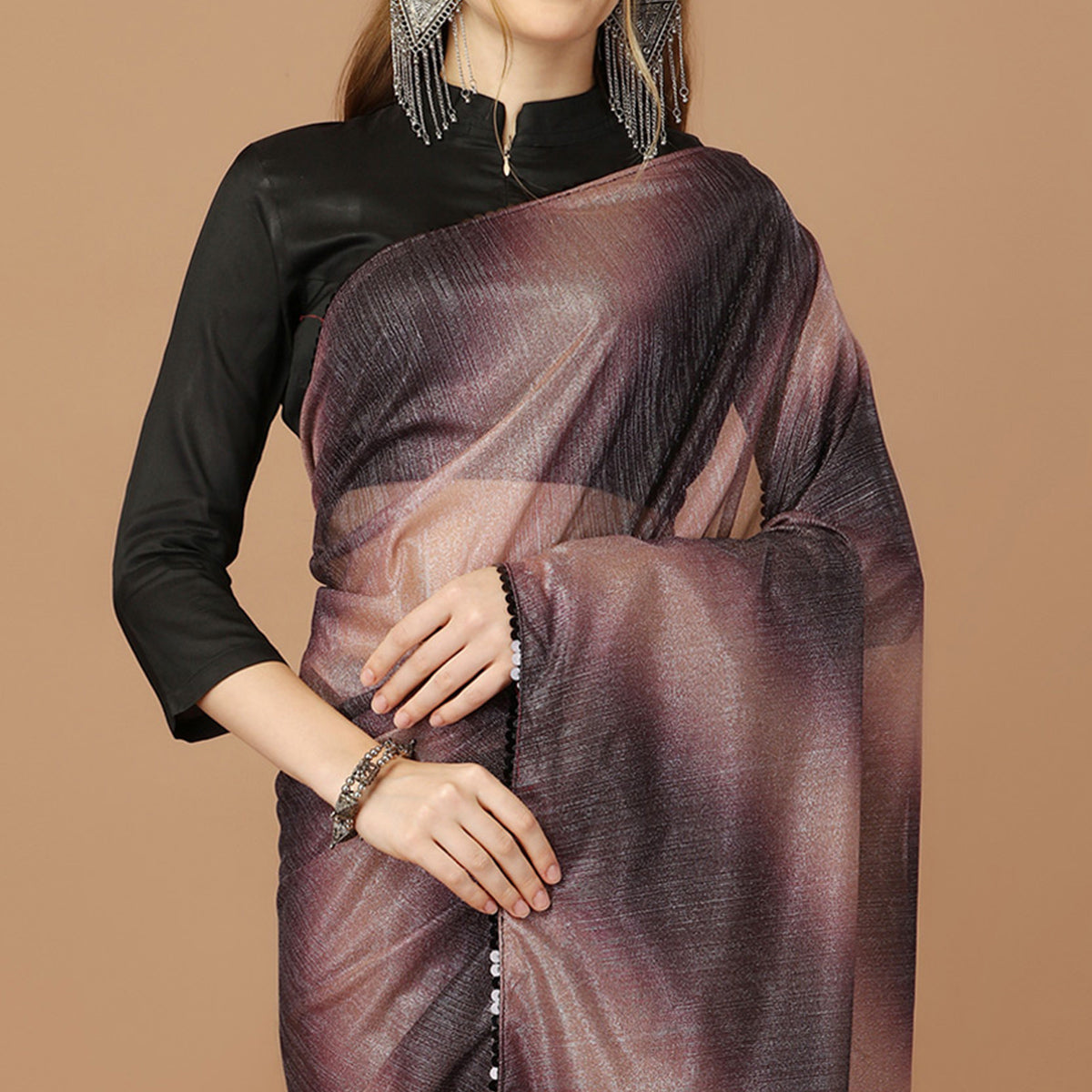 Purple Digital Printed Lycra Saree With Lace Border