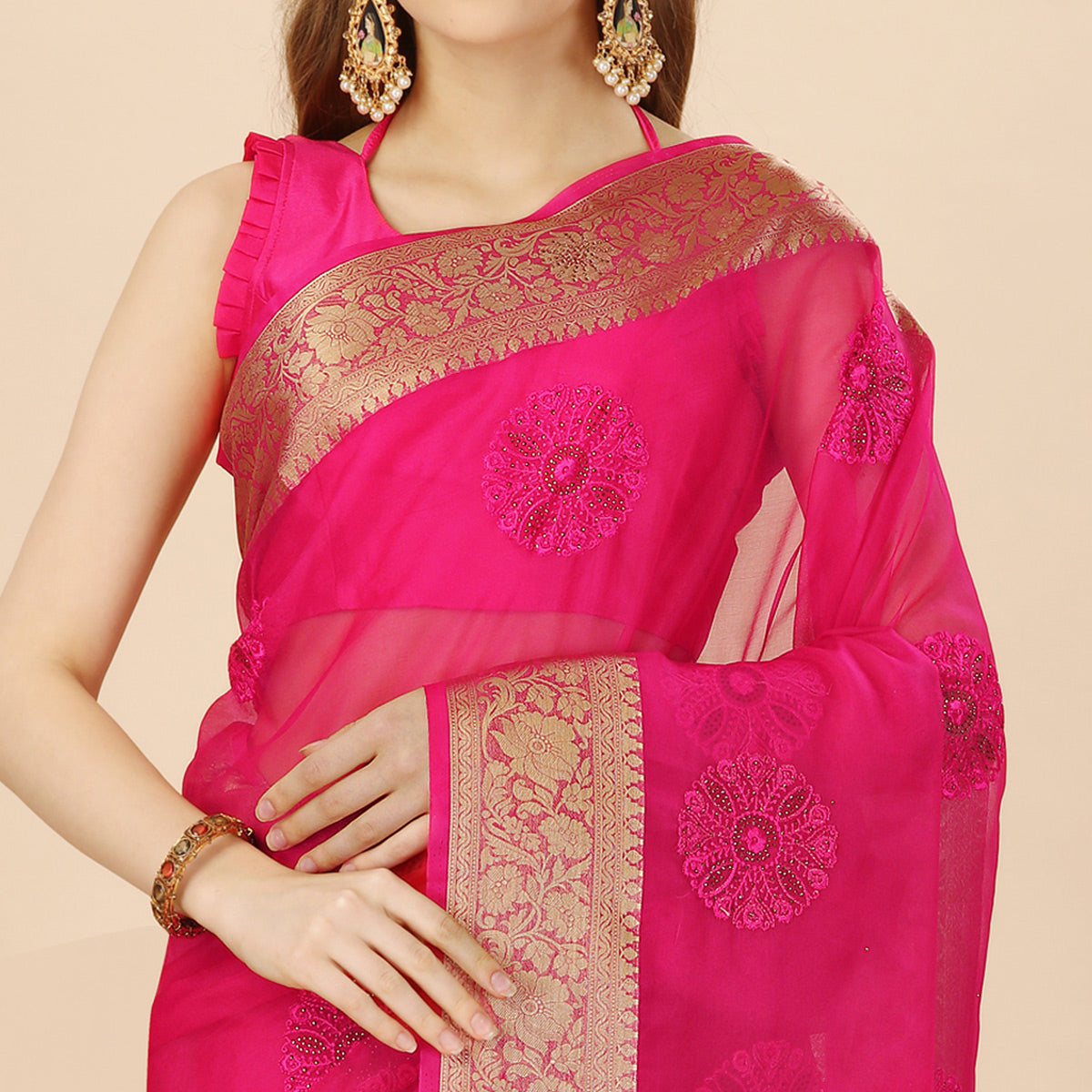 Rani Pink Floral Embroidery With Swarovski Work Organza Saree