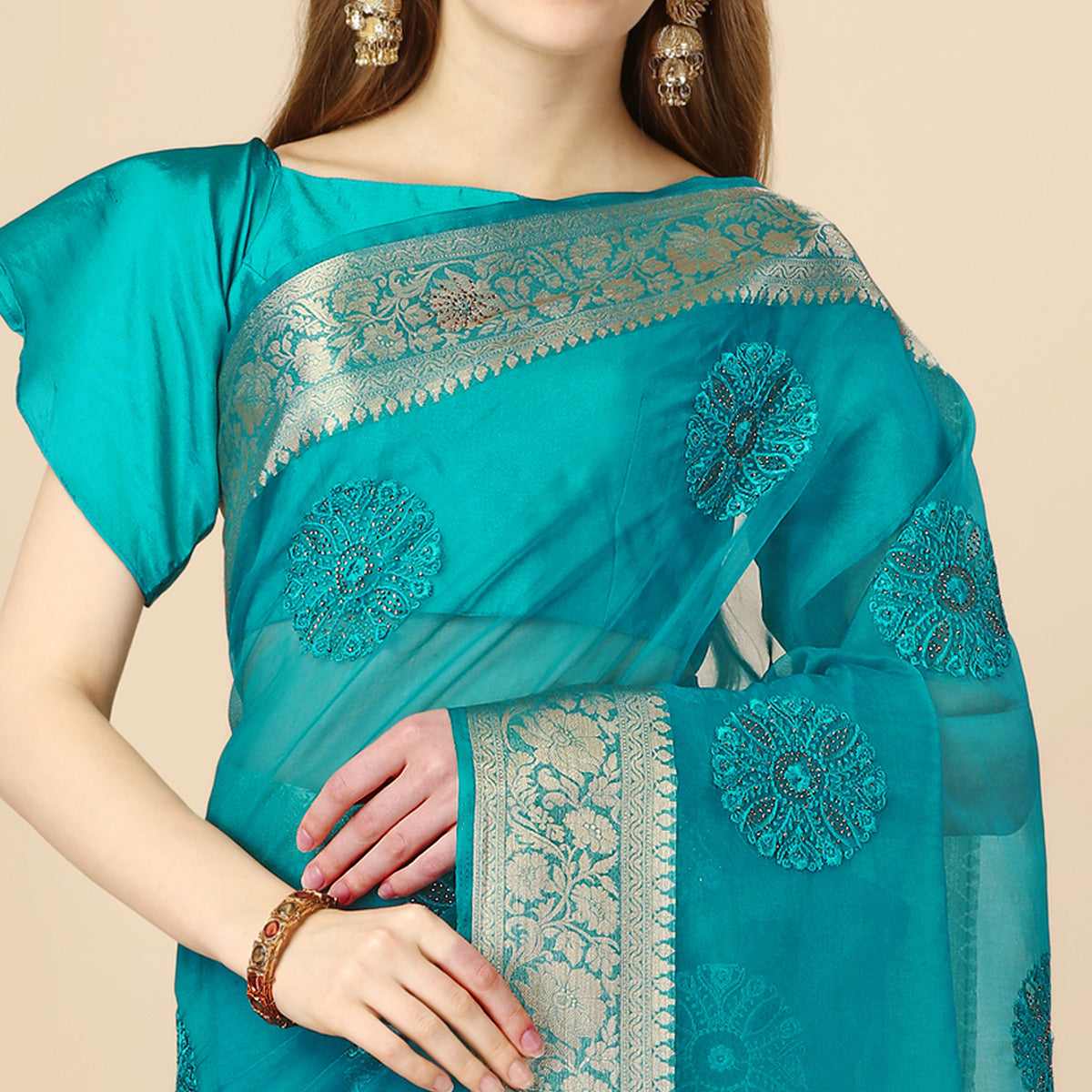 Rama Blue Floral Embroidery With Swarovski Work Organza Saree